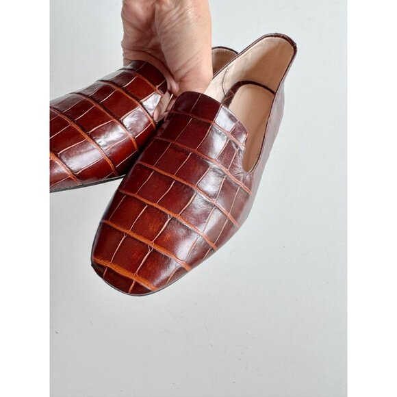 ZARA Chocolate Brown Croc Embossed Faux Leather Slipper Loafers, Size 36 - Picture 7 of 14